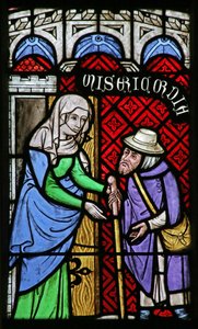 Fenster mit Darstellung der Werke der Barmherzigkeit: Den Fremden willkommen heißen von French School